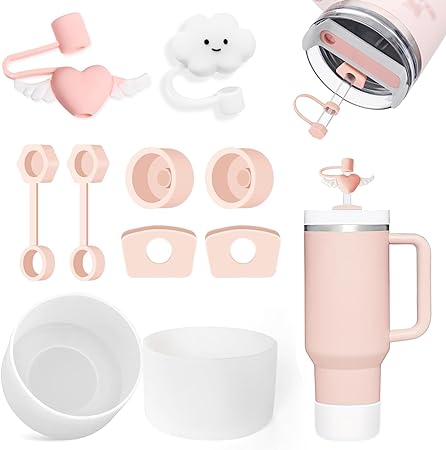 Stanley Cup Accessories Set Including 6 Pcs Silicone Spill Proof Stopper, 2 Pcs Straw Cover Cap for 9-10 mm Straws, 1 Pcs Silicone Boot for Stanley Cup Stanley 40oz & 30oz Tumbler (PINK)