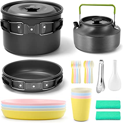 Odoland 24pcs Camping Cookware Mess Kit, Non-Stick Lightweight Pot Pan Kettle Set with PP Plates Bowls for Camping, Backpacking, Outdoor Cooking and Picnic, 4L