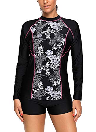 Just for Plus Women's High Neck Long Sleeve Rashguard Surfing Diving Swimwear Wetsuit Breathable Quick Dry Floral Print