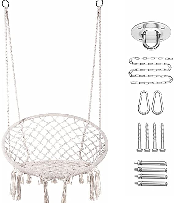 E EVERKING Hammock Chair Macrame Swing, Hanging Cotton Rope Macrame Hammock Swing Chair for Indoor, Outdoor Home, Patio, Porch, Deck, Yard, Garden, Max Weight: 260 Pounds (White Hardware Kit)