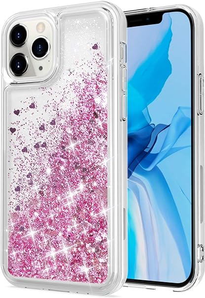 WORLDMOM Compatible with iPhone 12 Case and iPhone 12 Pro Case,Bling Flowing Liquid Floating Sparkle Colorful Glitter Waterfall TPU Protective Phone Case 6.1 inch, Rose Gold