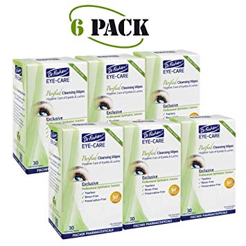 Dr. Fischer Premium, Purified, Non-Irritating & Hypoallergenic Eyelid Wipes Pre-moistened for complementary treatment of Red Eye, Dry Eye, and Blepharitis & Conjunctivitis Cleanses Make-up (Pack of 6)