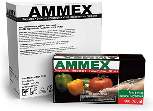 AMMEX Embossed Polyethylene Disposable Gloves - Clear, 1 Mil, Food Service, Medium, Case of 2000