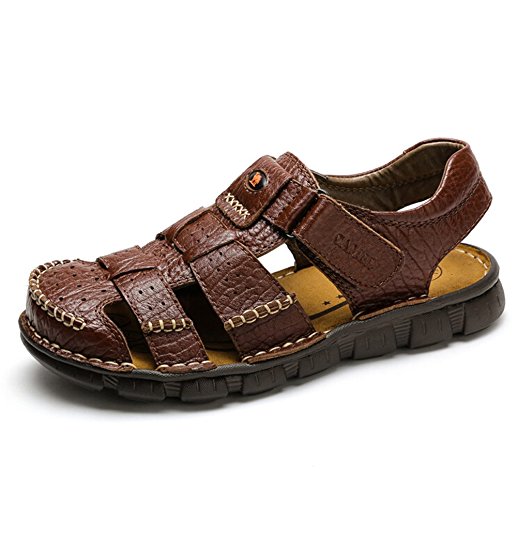 Camel Men's Fisherman Sandals Leather Breathable Close-Toe Sandal Non-Slip Adjustable Summer Beach Wear Slippers