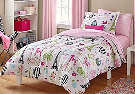 I Love Paris, Girls Full Pink White and Black Cute Parisian Bedding Set (6 Piece Bed in a Bag)