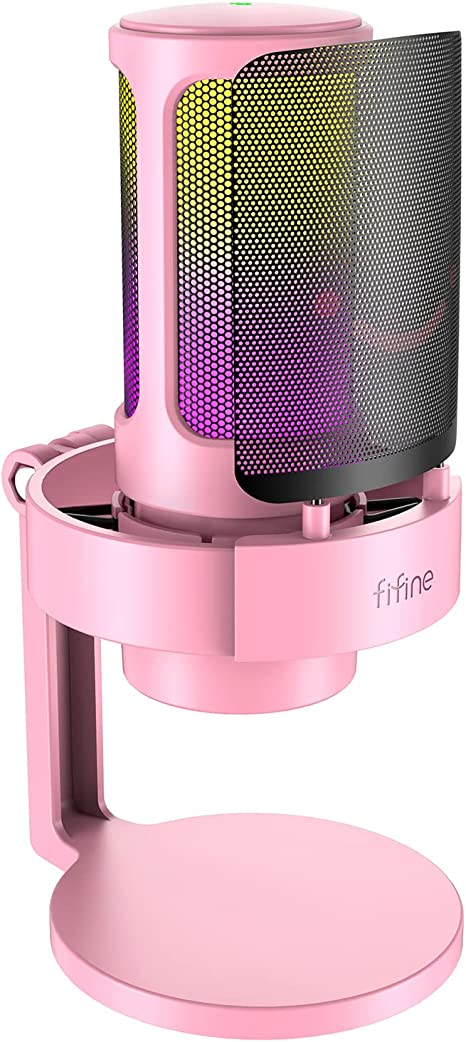 USB Streaming Gaming Microphone, FIFINE PC Condenser Desktop Mic for Video, Home use, YouTube, with RGB Control, Gain Knob, 3.5mm Headphone Jack, Shock Mount, on Computer/PS4/PS5-AmpliGame A8 Pink