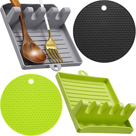 2 Pieces Plastic Utensil Spoon Rest Mat Ladle Spoon Holder, Utensils Holders with 2 Pieces Drip Pad Hot Potholders Mats Silicone Pot Holder Trivet Mats Hot Pads Spoon Rest Jar Gripper Pads
