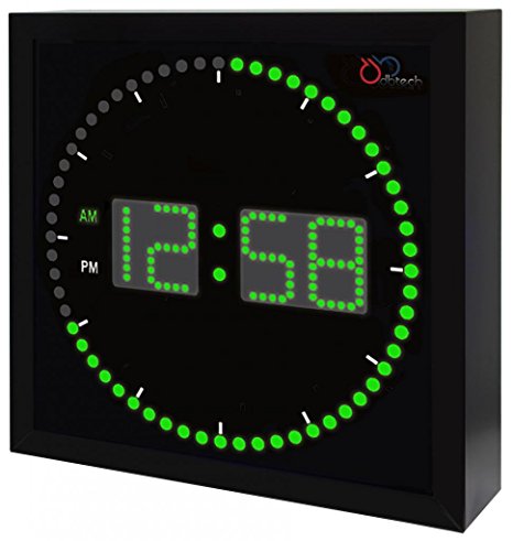 DBTech Time Sphere - Stylish Big Digital LED Clock with Circling LED second indicator - Square Shape (10" / Green LED)