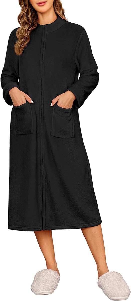 MAXMODA Women's Zipper Fleece Robe Long Bathrobe Warm and Soft Housecoat with Pockets