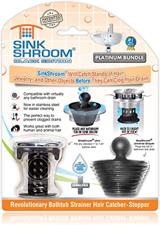 SinkShroom BLKSSSTP22 Revolutionary Bathroom Sink Drain Protector Hair Catcher, Strainer, Snare, Black with Stopper