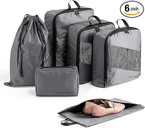 6Pcs Packing Cubes for Travel Lightweight Luggage Organizer Bag Travel Cubes, Durable Travel Bags Foldable Suitcase Bags Set for Travel Accessories and Essentials- Grey