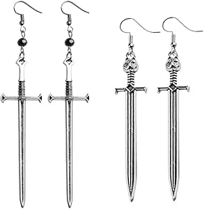 2Pcs Black Crystal Sword Earrings Super Long Shoulder Dusters Gothic Earrings and Medieval Sword Earrings &Pendants Sword Pendant Earrings