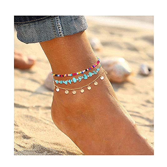 YAHPERN Anklets for Women Girls Color Beads Turquoise Drop Sequin Charm Adjustable Ankle Bracelets Set Boho Multilayer Beach Foot Jewelry