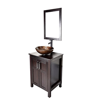 24 Inches Traditional Bathroom Vanity Set in Dark Coffee Finish, Single Bathroom Vanity with Top and 2-Door Cabinet, Brown Glass Sink Top with Single Faucet Hole