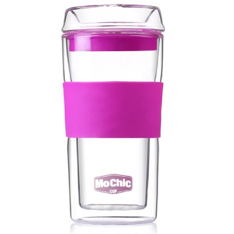 ARCCI Mochic Glass Reusable Coffee Cup (10 Oz, Double-Wall, Glass lid, Purple)