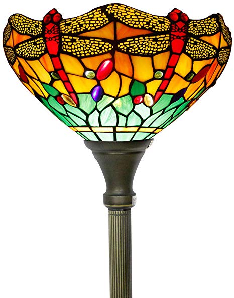 Tiffany Style Torchiere Light Floor Standing Lamp Wide 12 Tall 66 Inch Green Yellow Stained Glass Crystal Bead Dragonfly Lampshade for Living Room Bedroom Antique Table Set S009G WERFACTORY