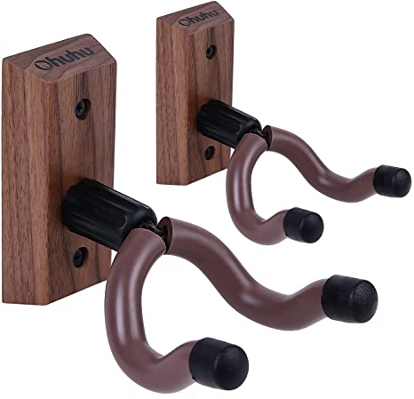 Guitar Wall Hanger 2-Pack, Ohuhu Guitar Wall Mount with Screws, Anti-slip V Shape, Rotatable Design, Black Walnut Guitar Hanger Wall Mount for Acoustic Electric Guitar Bass Mandolins and Ukuleles