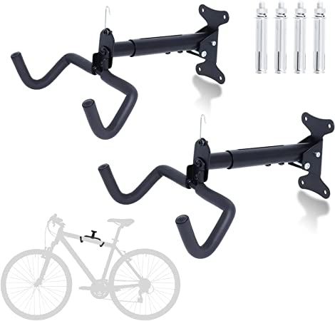 Bike Wall Mount, Bike Hanger Rack for Bike Storage and Space Saving with Foam Padded Protective Frame by Poweka Angle and Wall Distance Adjustable Foldable MTB Road Bike Hanger Wall Mount (2 Pack)