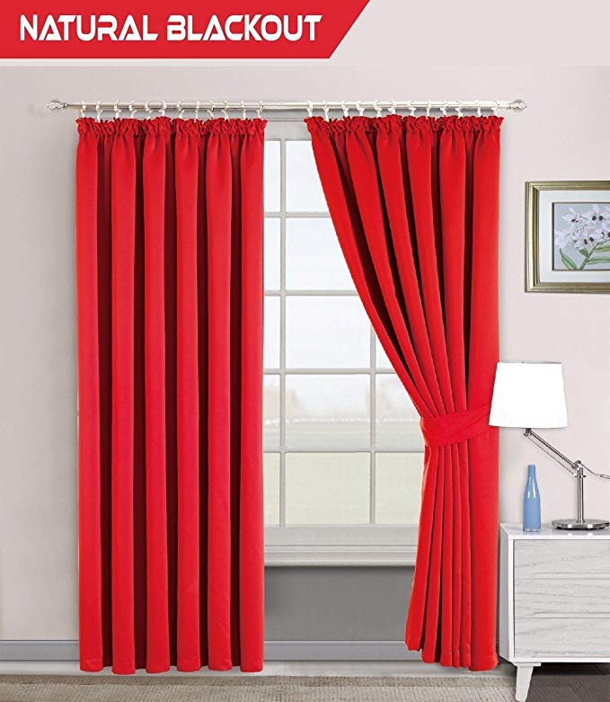 Interwoven Supersoft Insulated Thermal Blackout Pencil Pleat Pair Curtains for living Room & Bedroom (90" Width X 72" Drop (228 X 183 CM), RED)