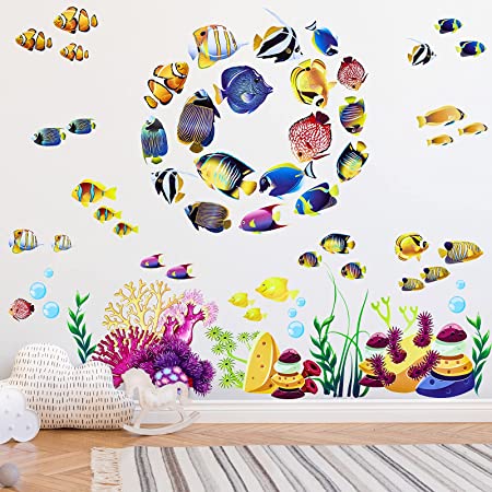 Under The Ocean Fish Coral Reef Wall Stickers, 8 Set 13.4 x 10.2 in, Undersea Marine Life Vinyl Wall Decals Decoration, Sea Nature Scenery Wall Decoration for Bedrooms Bathroom Nursery Classroom