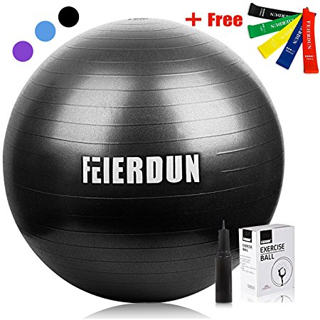 FEIERDUN Exercise Ball Thick Anti-Burst Yoga Stability Ball （55cm 65cm 75cm）Supporting 2200lbs INCLUDED FIVE LOOP RESISTANCE BANDS for Workout, Fitness, Balance, Use for a Work Chair