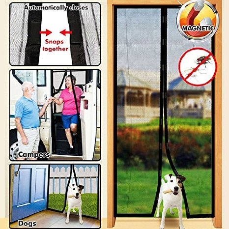 VANRA(tm) Magnetic Screen Door High Quality Hands-free, Bug Off Instant Screen Doors, Fly Screen Mesh, Magnetic Top to Bottom Seal Snaps Shut Automatically 82" L X 34'' W (Black)