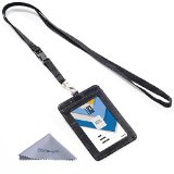 Wisdompro 2-Sided Vertical Style PU Leather ID Badge Holder with 1 ID Window and 1 Card Slot and 1 piece 23 inch Polyester Detachable Neck Lanyard  Strap - Black
