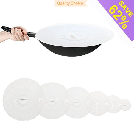 Silicone Lids 14 '' Set of 6 LFGB 100% Food Grade Premium Food Grade Cup Pot Can Bowl Covers Microwave Covers Pan Covers Skillet Pan Lids Super Kitchen (14 '',12'',10'',8'',6'',4'', clear)