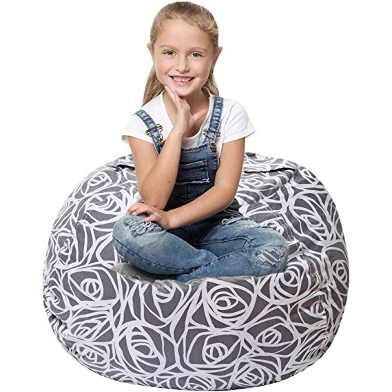 5 STARS UNITED Stuffed Animal Storage Bean Bag - Large Beanbag Chairs for Kids - 90+ Plush Toys Holder and Organizer for Girls - 100% Cotton Canvas Cover - Gray Roses