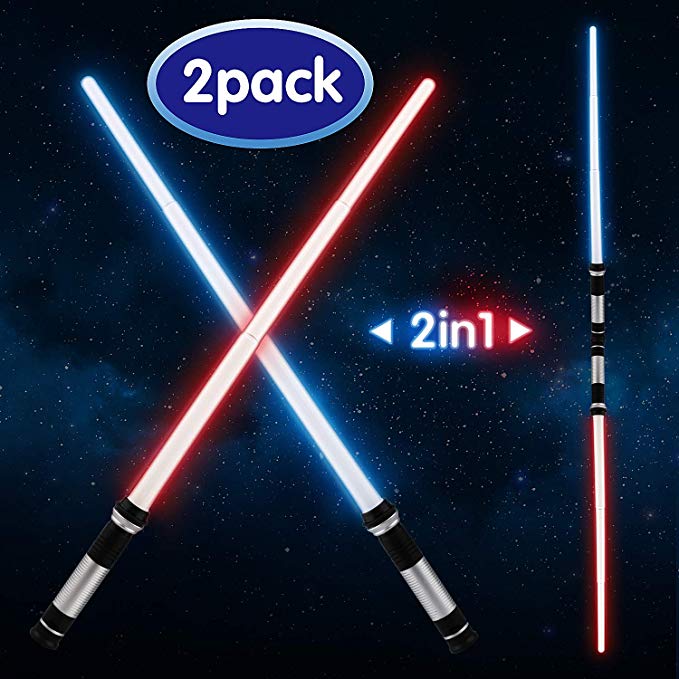 Toy Life Light Up Saber | 2 Pack Telescopic Extendable and Collapsable | 2-in-1 LED   Sound FX Light Up Sword for Adults or Kids Costumes | Connects at Base to Become Double Bladed Saber Staff