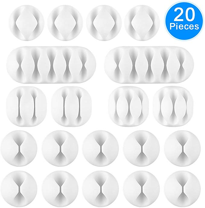 AUSTOR 20 Pieces Cable Clips White Cable Holders Adhesive Desk Cable Organizer Silicone Wire Holder Cable Management for Cable, Cord and Wire