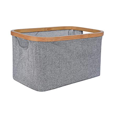 StorageWorks Canvas & Bamboo Storage Basket Bamboo Handles, Foldable Organizer, Square Storage Bin, Medium, Gray, 15.0x10.2x8.3 inches