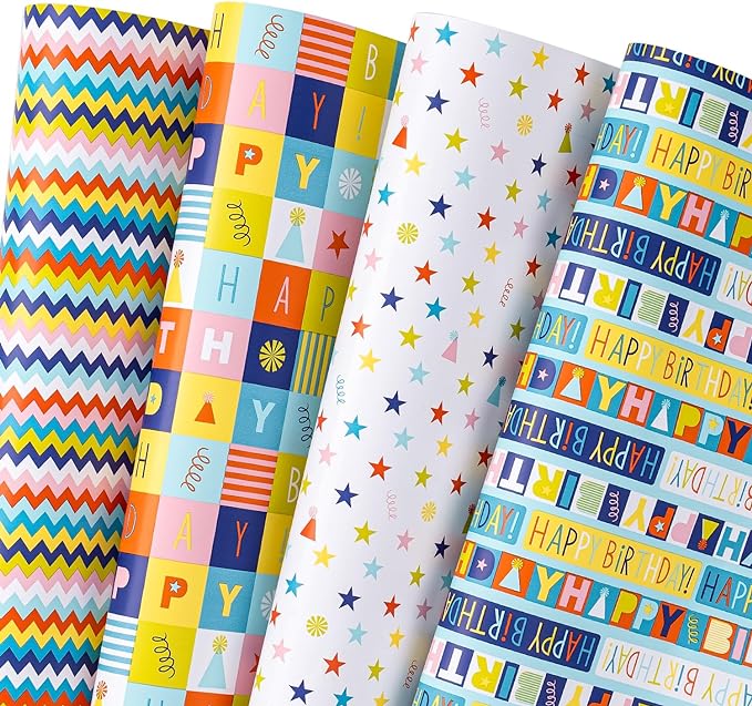 WRAPAHOLIC Birthday Wrapping Paper Sheet - 8 Sheets Folded Flat - Irregular Square Color Blocking and Stars Design for Party, Baby Shower - 30 Inch X 39.3 Inch Per Sheet