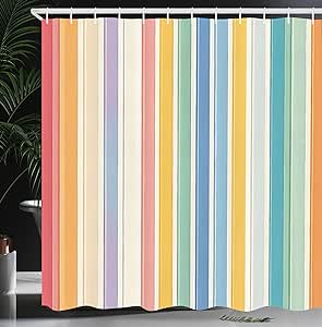 Ambesonne Striped Shower Curtain, Modern Style Vertical Lines in Happy Pastel Colors Cheery Delicate Rainbow, Cloth Fabric Bathroom Decor Set with Hooks, 69" W x 70" L, Yellow Multicolor