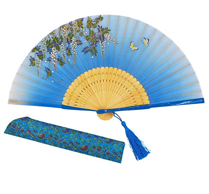 Amajiji Charming Elegant Modern Woman Handmade Bamboo Silk 8.27" Folding Hand Fan (Light Blue)