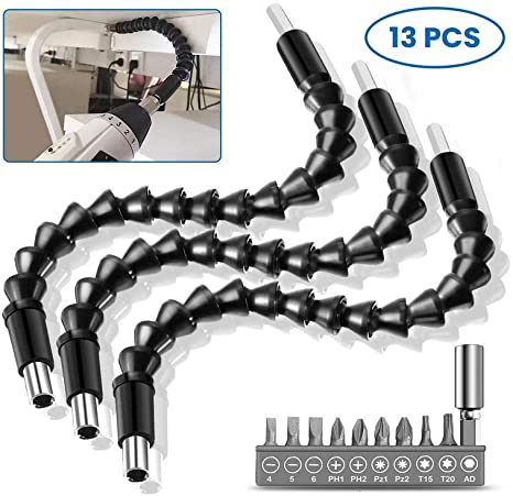 CAMTOA 4 Pcs Flexible Extension Soft Shaft,Drill Bit Extension Shaft Set with 10 Pieces Drill Bit Set for Electrical Screwdriver or Hand Drill Multi-angle Work (Dark gray)