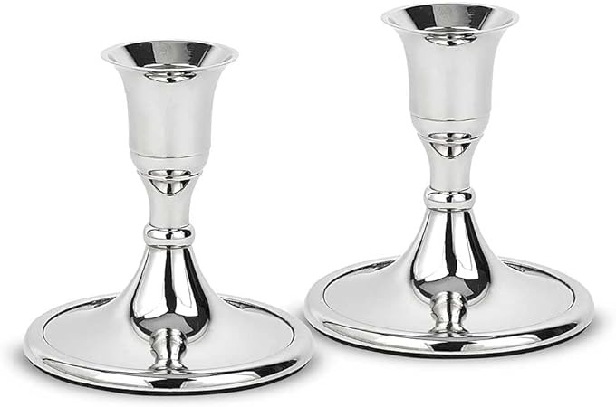 Zion Judaica Traditional Thick Tapered Candlestick Holder Fits 7/8" in a Polished Nickel Plated Finish - Set of 2