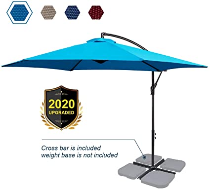 FRUITEAM 10-ft Offset Hanging Umbrellas, Garden Patio Outdoor Umbrellas Large Market Umbrella with Crank & Cross Base, Waterproof UV Protection Offset Cantilever Umbrella Turquoise