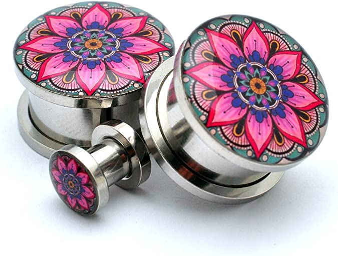 Screw on Plugs - Flower Mandala Picture Plugs - Sold As a Pair
