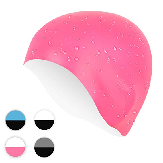 Seamless Silicone Swimming Cap, RONHAN 2-IN-1 Waterproof Swimming Hat with 3D Ergonomic Design for Adults Men Women Kids Girls Youth Boys Reversible Wear It on both Sides, Bathing Caps Ideal for Training and Racing