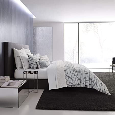 Vera Wang | Shibori Grid Collection | 100% Cotton Soft, Smooth, and Silky Sateen, Geometric Print 3-Piece Duvet Cover Set, Modern Style for Bedroom Décor, Queen, White