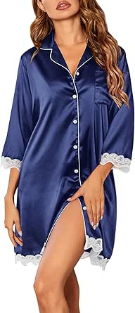 Ekouaer Silk Nightgowns for Women Satin Nightshirt Button Down Sleepshirt 3/4 Sleeve Sleepwear V Neck Sleep Dress