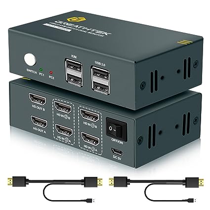 HDMI KVM Switch 2 Monitors 2 Computers 4K@30Hz, Dual Monitor KVM Switch 2 PCs Share Keyboard & Mouse, KVM Switches 2 Port Support Hotkey Switch, with USB 2.0 Ports and HDMI USB Cable