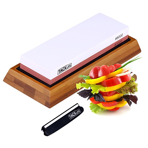 Premium Knife Sharpening Stone, 3000/8000 Grits, Double-Sided Whetstone with Non-Slip Bamboo Base and Rubber Base, Angle Guide - High Qualified White Corundum Waterstone - HSS2A