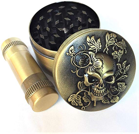 KW Collection Zinc Alloy Spice Grinder Antique Brass 2"/50mm 4 Piece with Free Pollen Presser and Pollen Catcher with Skull Head Designed on Top