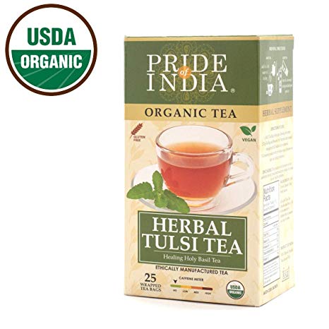 Pride Of India Organic Tulsi Herbal Tea, 25 Tea Bags, Decaf