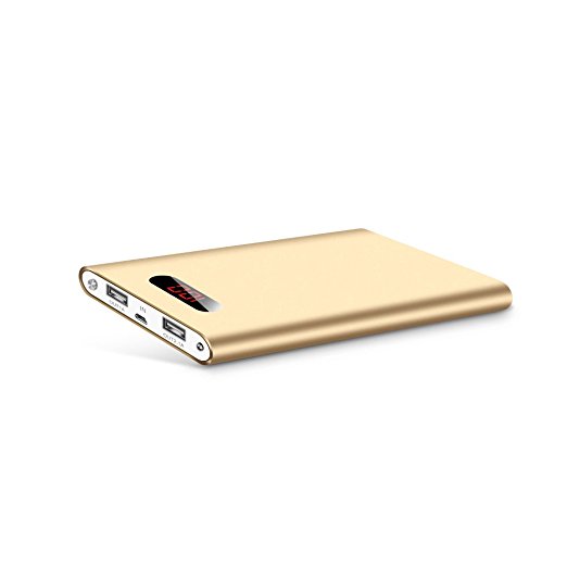 Polanfo M50000 Portable Power Bank 12000mAh External Battery Charger, Ultra Slim Design with 2 USB Ports for iPhone7 Plus 6s 6 Plus, iPad, Samsung Galaxy and More (Gold)