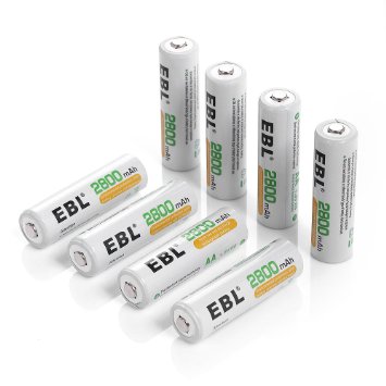 EBL 8 Pack High Capacity 2800mAh AA Ni-MH Rechargeable Batteries, Battery Case Included