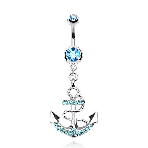 Nautical Anchor Gemmed Belly Ring 316L Surgical Steel 14g Dangle Navel Ring