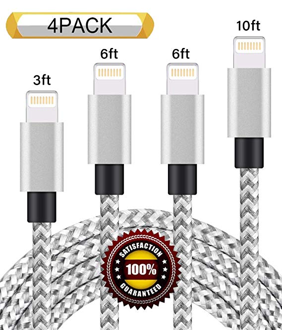 BULESK Phone Cable 4Pack 3FT 6FT 6FT 10FT to USB Syncing Data Nylon Braided Phone Charger Cable Compatible Phone X/8/8Plus/7/7Plus/6/6Plus/6s/6sPlus/5/5s/5c/SE - Grey White